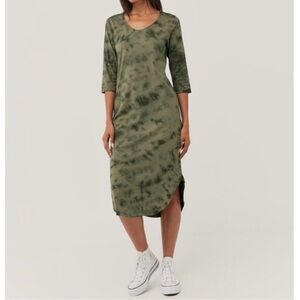Pact Far Out Tie Dye Midi Dress Side Slit Scoop‎ Neck 3/4 Sleeves Green Small
